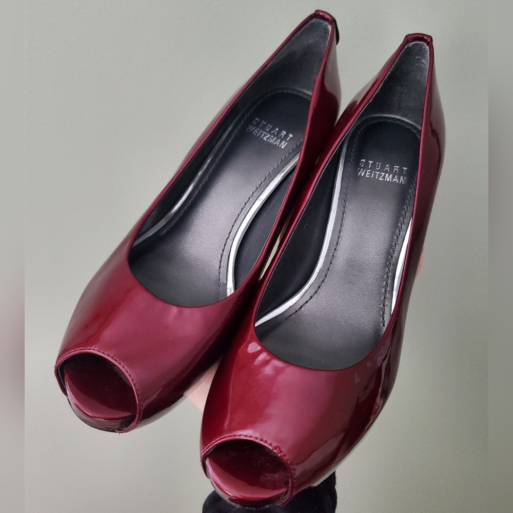 Stuart Weitzman Red Patent Leather Platform Peep Toe Pumps Heels 6